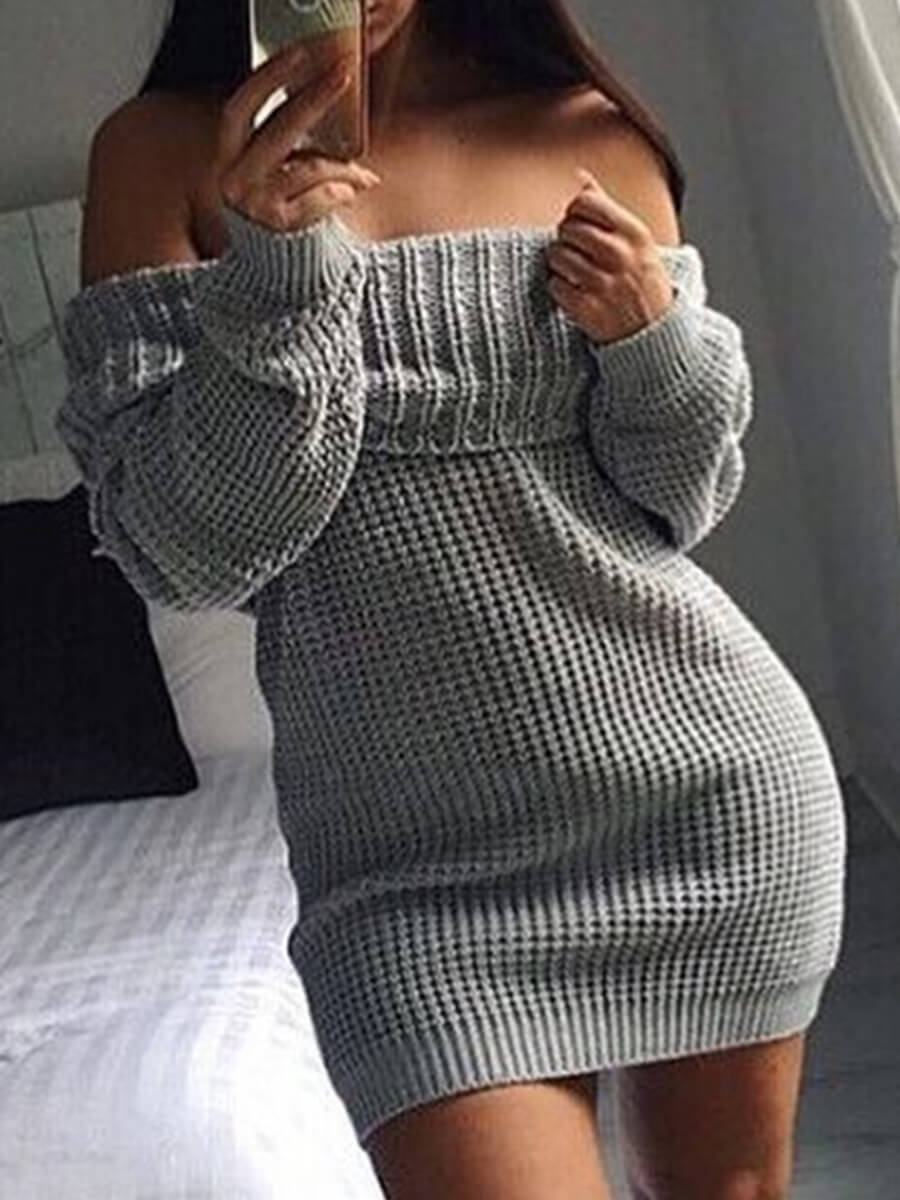 

Lovely Stylish Dew Shoulder Striped Dark Grey Mini Dress