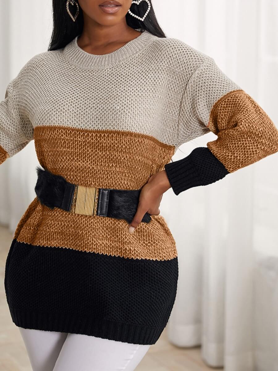 

Lovely Casual O Neck Patchwork Beige Sweater