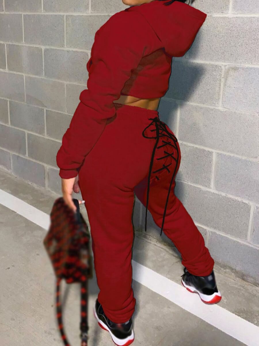 

LW Hooded Collar Bandage Design Tracksuit Set, Wine red