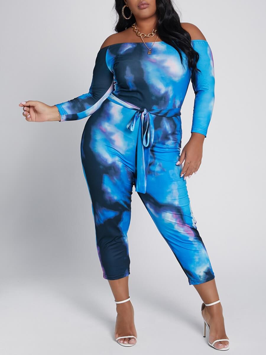 

Lovely Leisure Dew Shoulder Tie-dye Blue Plus Size One-piece Jumpsuit