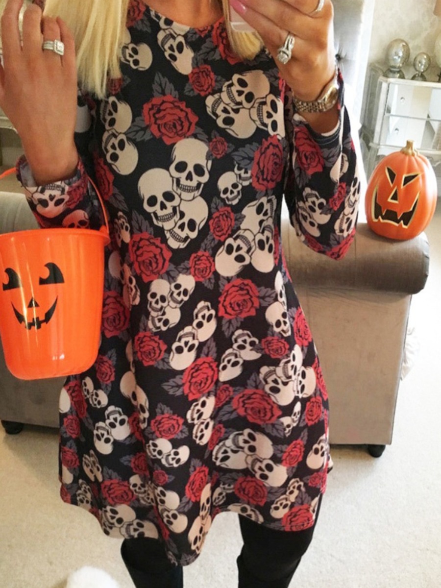 

lovely Casual O Neck Skull Print Black Knee Length Plus Size Dress