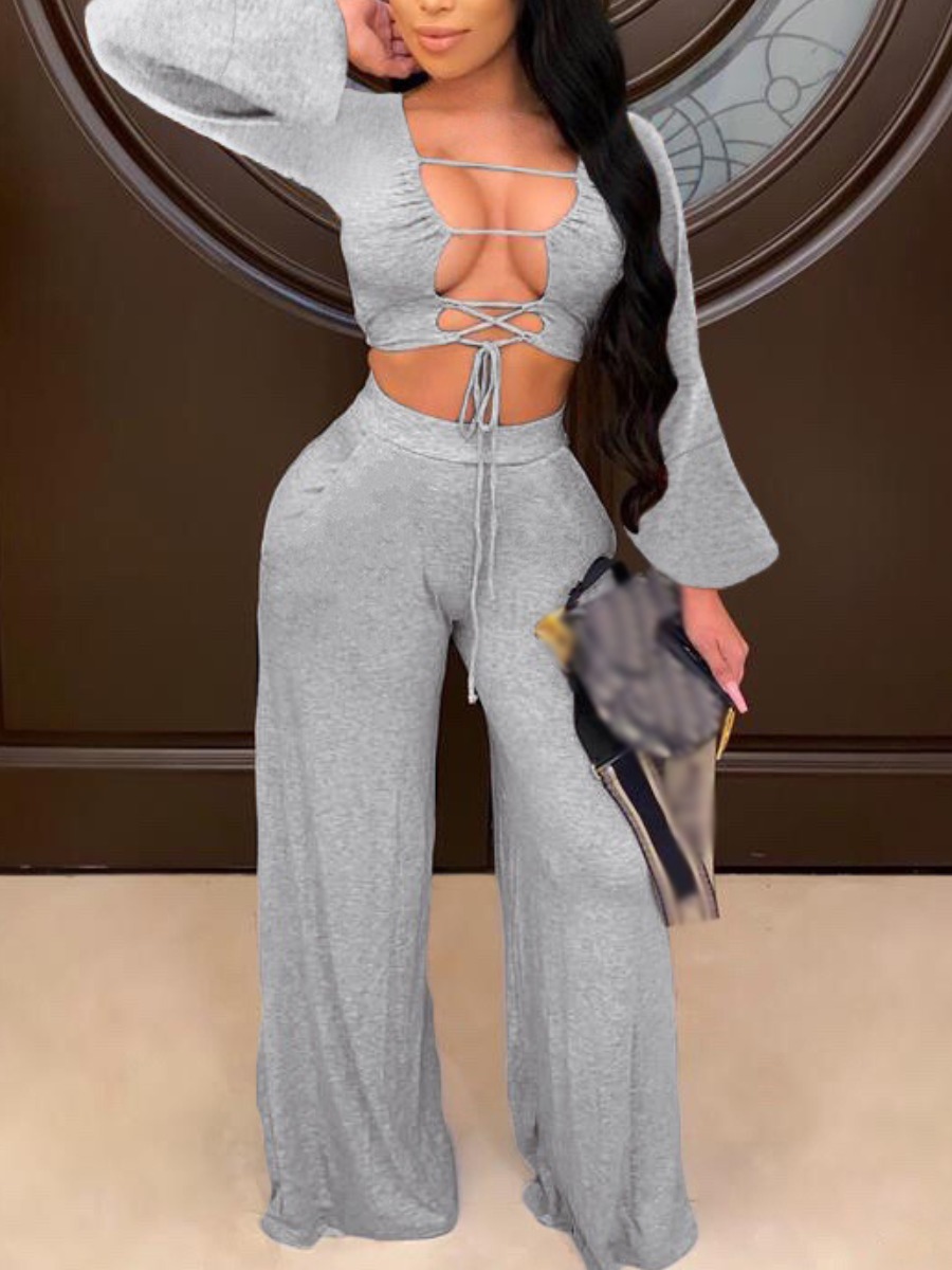 

lovely Sexy Bandage Design Grey Two Piece Pants Set