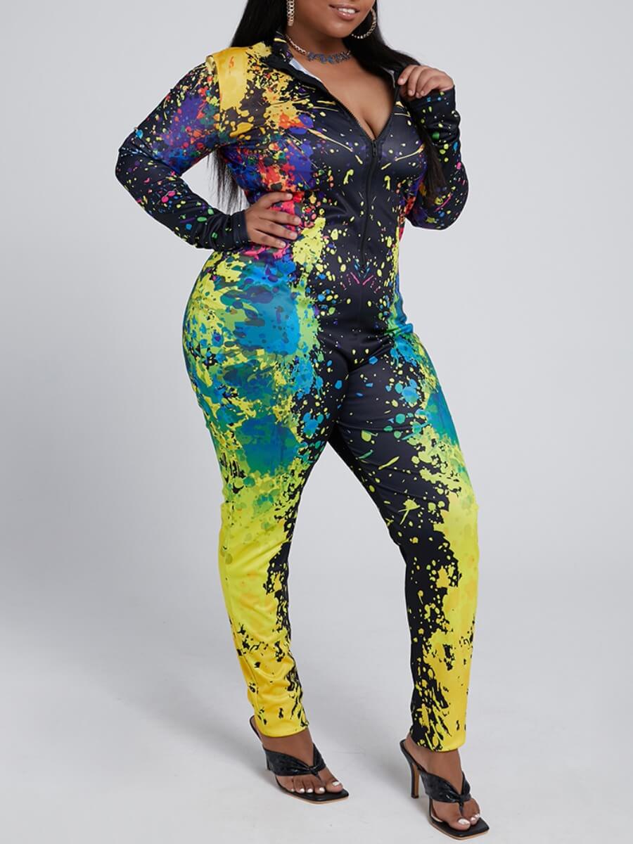 

Lovely Trendy Graffiti Print Zipper Design Yellow Plus Size One-piece Jumpsuit