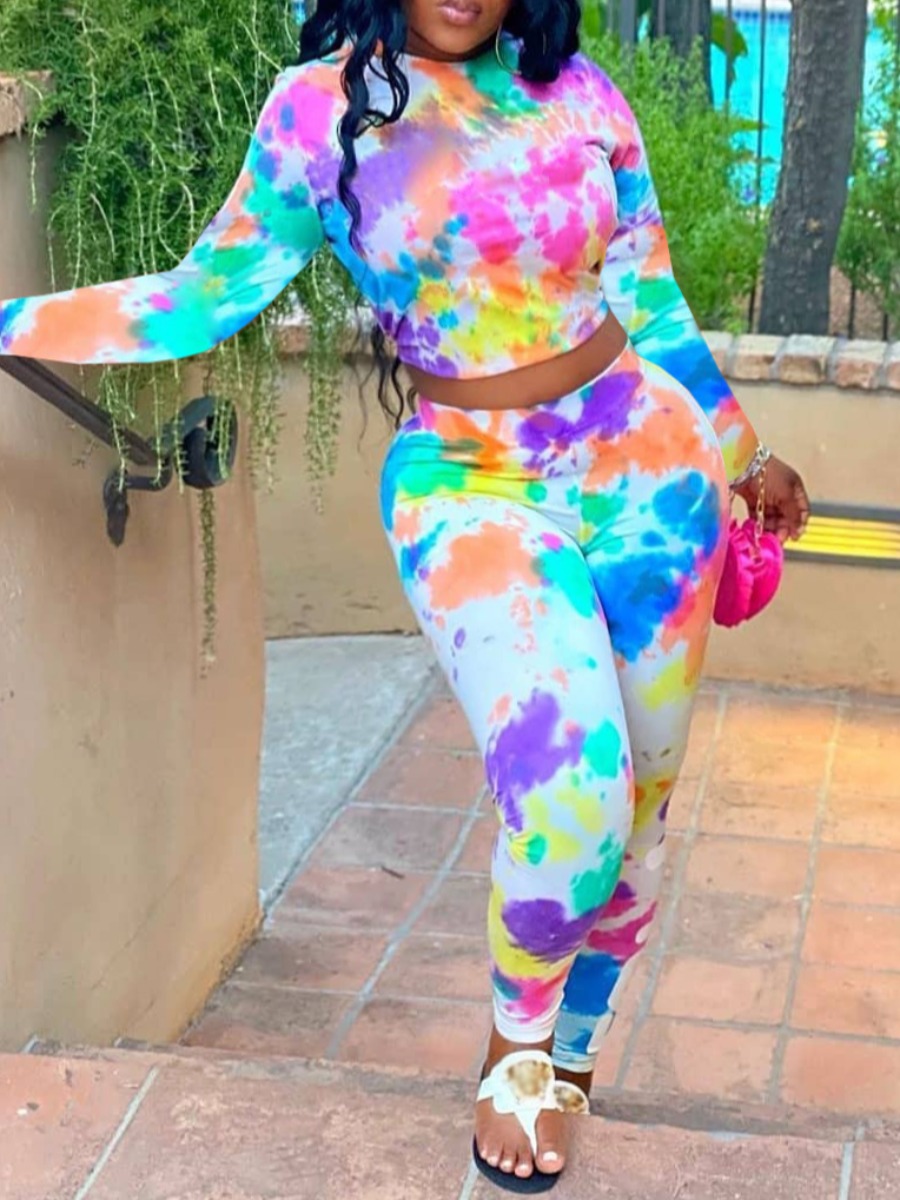 

Lovely Trendy O Neck Tie Dye Multicolor Two Piece Pants Set, Multi