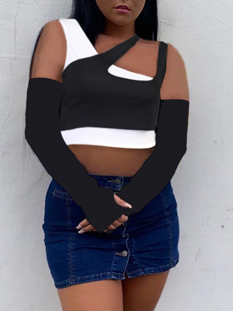 

lovely Street Patchwork Hollow-out Black T-shirt
