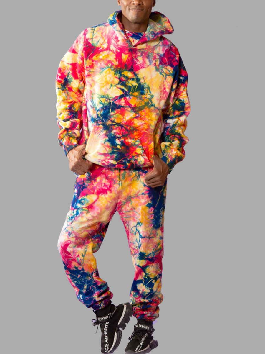 

lovely Sportswear Hooded Collar Tie-dye Multicolor Men Two-piece Pants Set, Multi