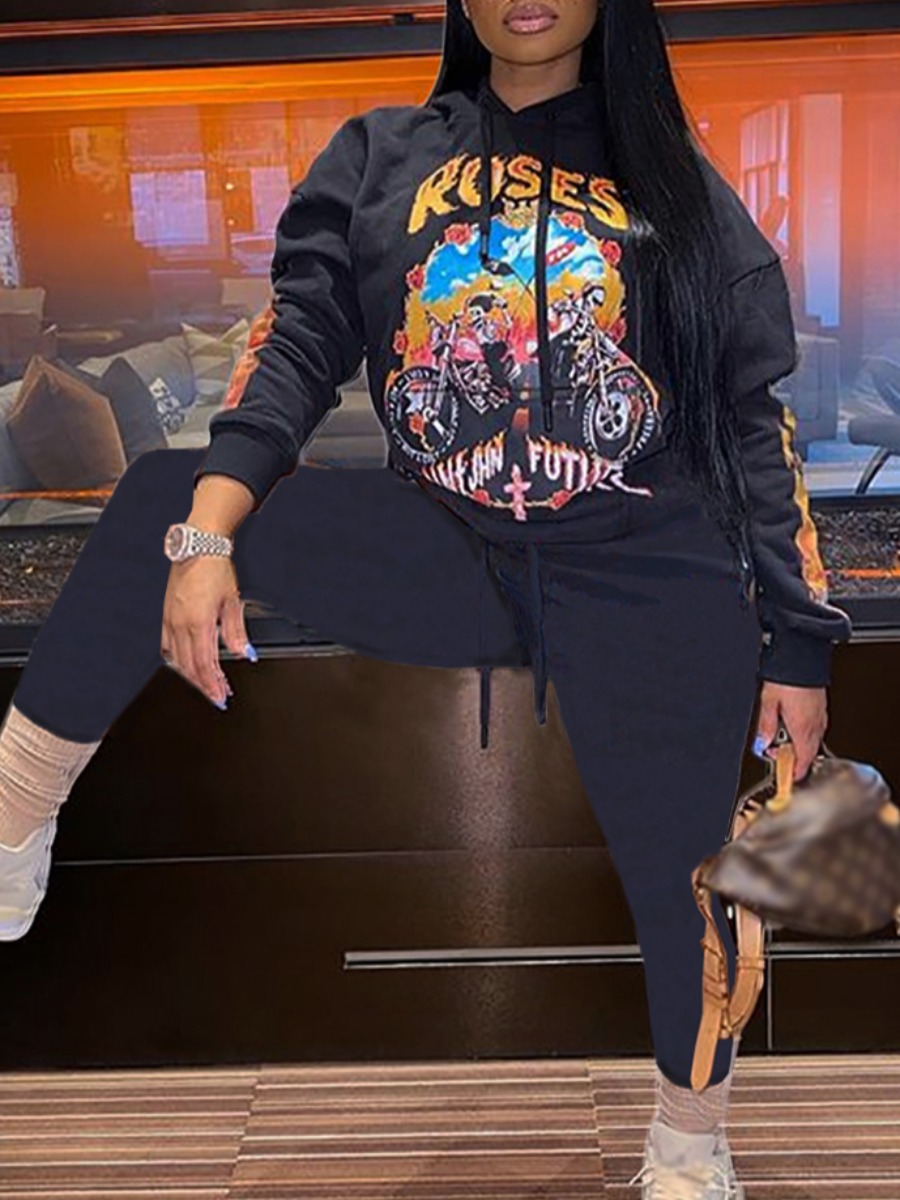 

lovely Stylish Hooded Collar Print Black Two Piece Pants Set