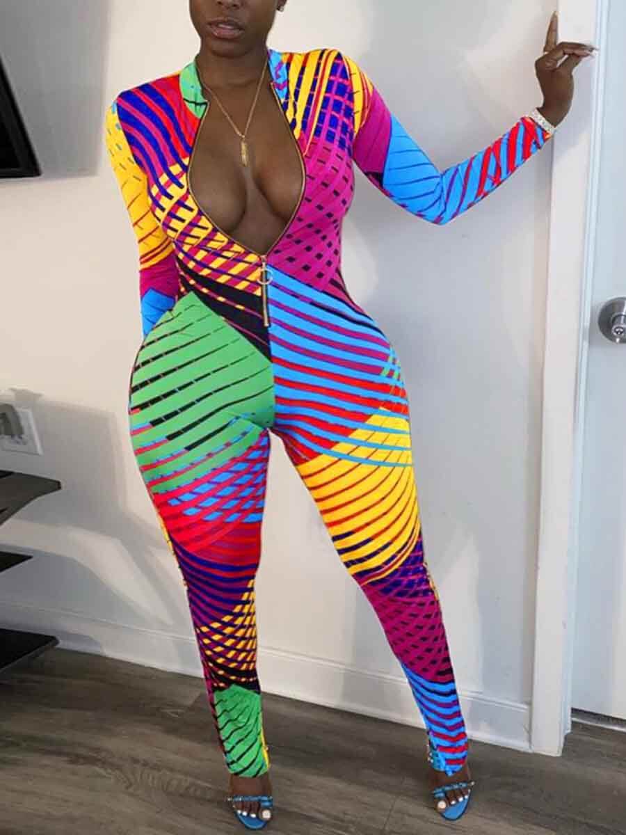 

Lovely Casual Print Zipper Design Multicolor Plus Size One-piece Jumpsuit, Multi