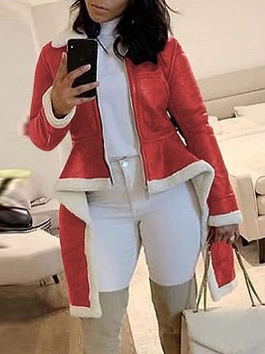 

lovely Stylish Turndown Collar Zipper Design Asymmetrical Wine Red Plus Size Coat