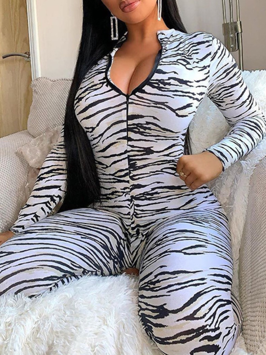 

lovely Sportswear Zebra Stripe Zipper Design One-piece Jumpsuit