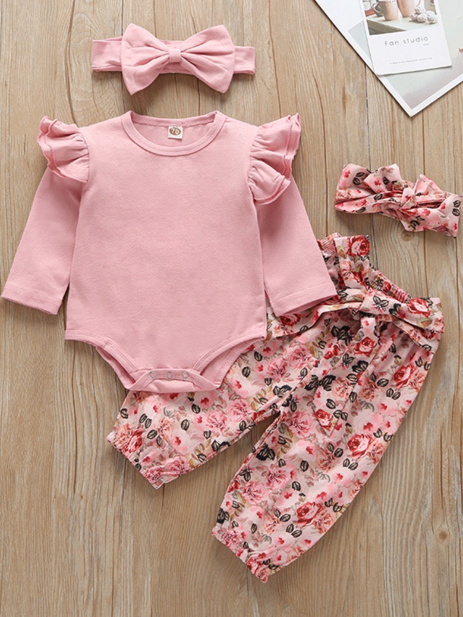

lovely Sweet O Neck Floral Print Pink Girl Two-piece Pants Set
