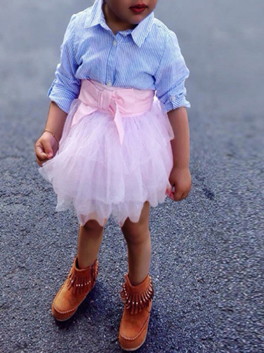 

lovely Casual Shirt Collar Striped Pink Girl Knee Length Dress