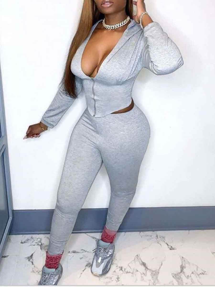 

Lovely Casual Zipper Design Skinny Grey Plus Size Two-piece Pants Set