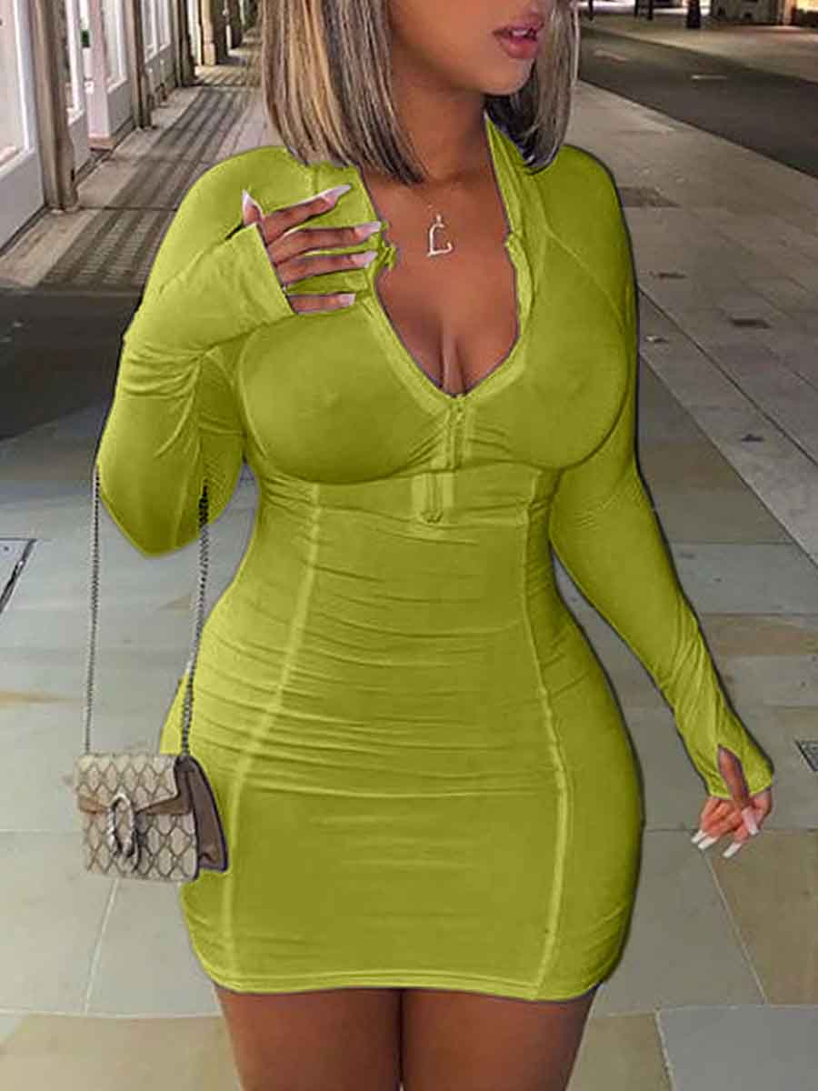 

Lovely Casual Zipper Design Green Mini Plus Size Dress