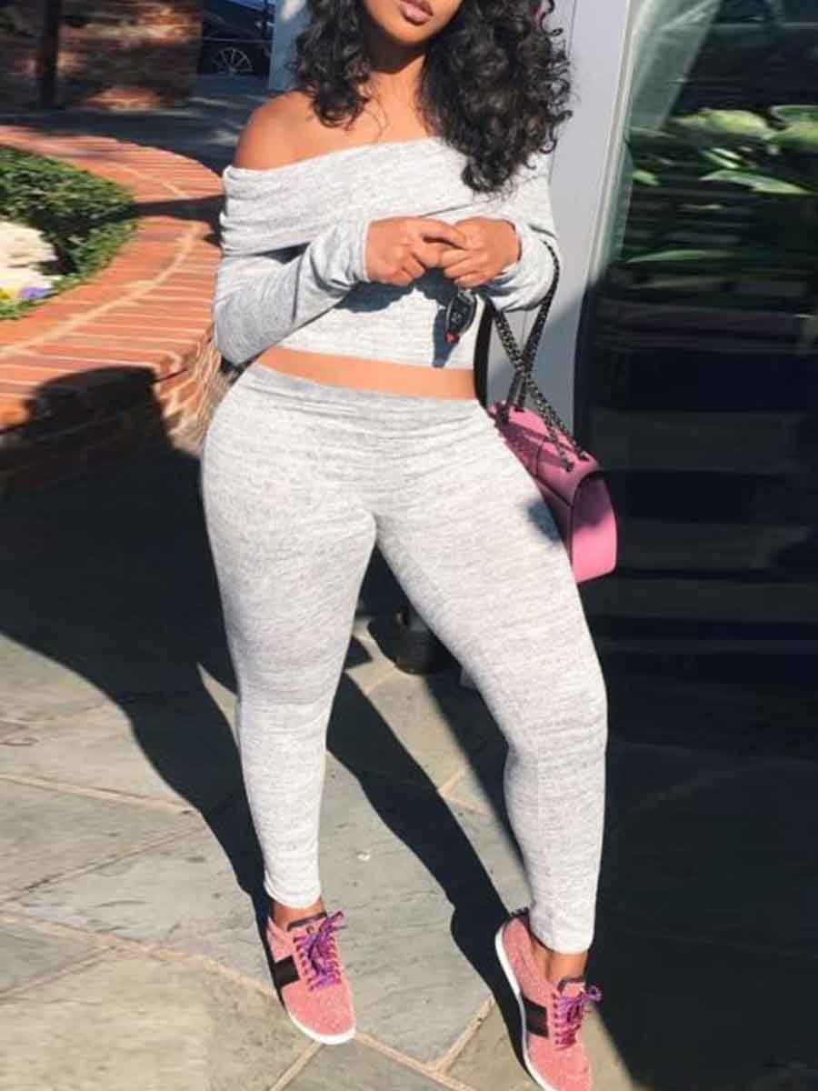 

Lovely Stylish Dew Shoulder Skinny Grey Plus Size Two-piece Pants Set
