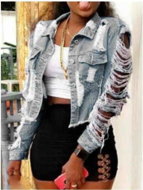 

LW Street Turndown Collar Broken Holes Baby Blue Denim Jacket