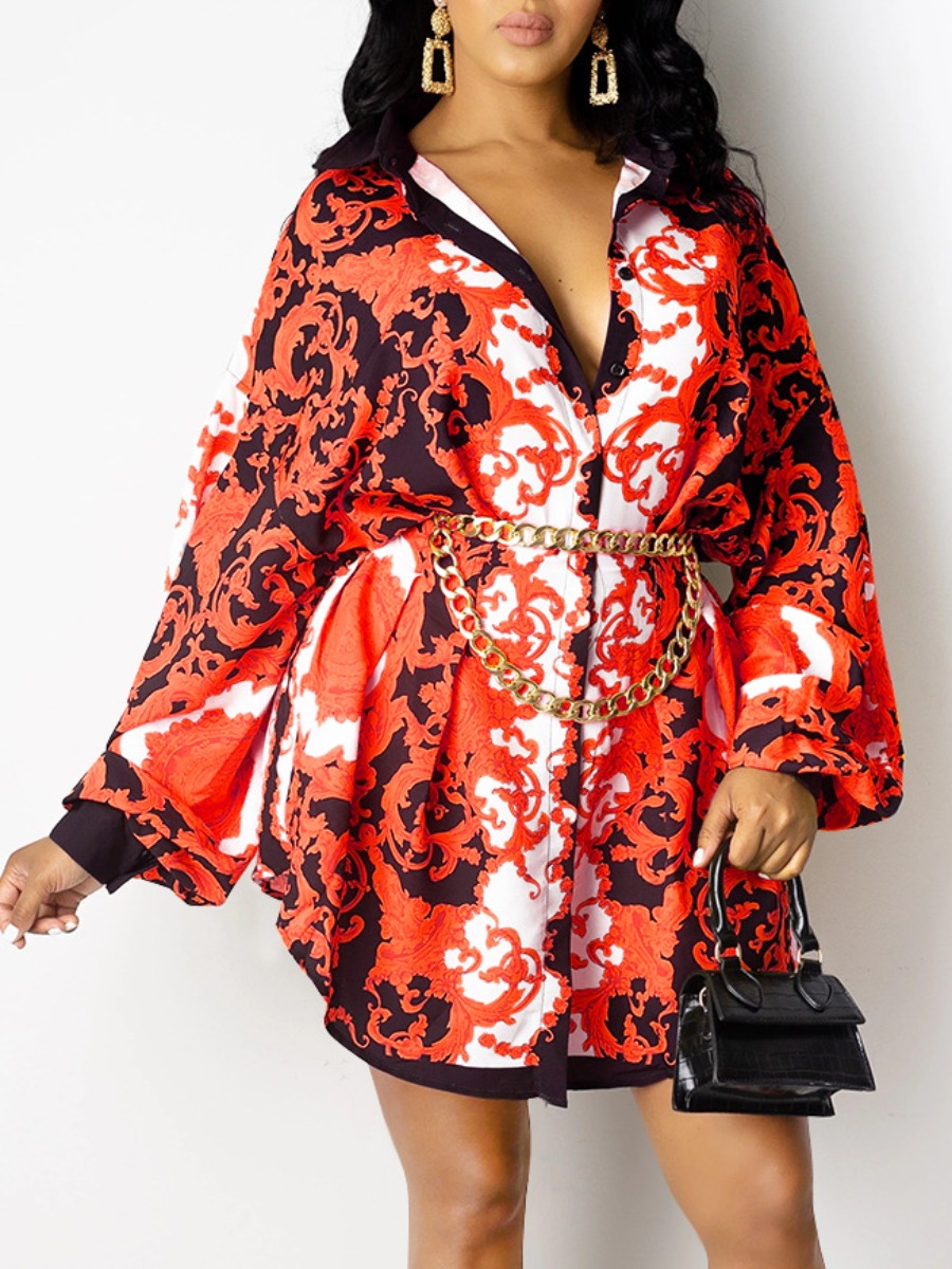 

lovely Casual Turndown Collar Print Red Mini Dress