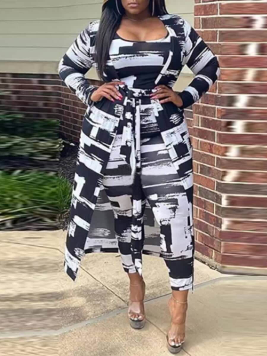 

Lovely Casual U Neck Print Black Plus Size Two-piece Pants Set