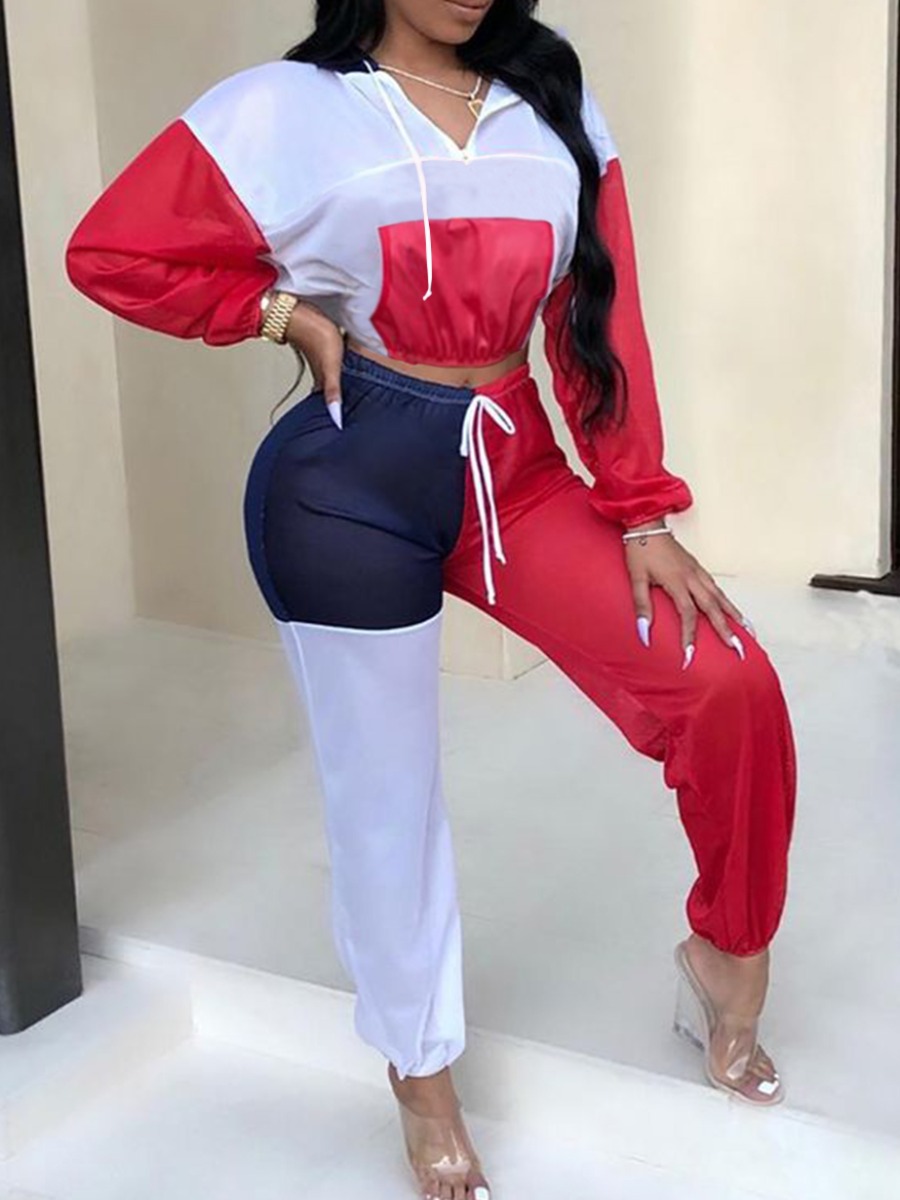 

lovely Casual Hooded Collar Color-lump Patchwork White Two Piece Pants Set