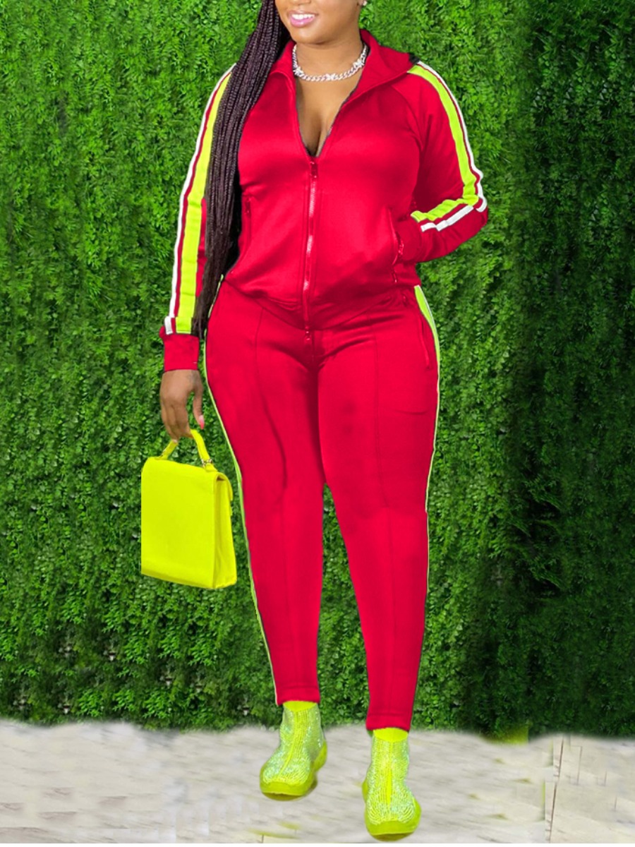 

Lovely Casual Hooded Collar Patchwork Red Two Piece Pants Set