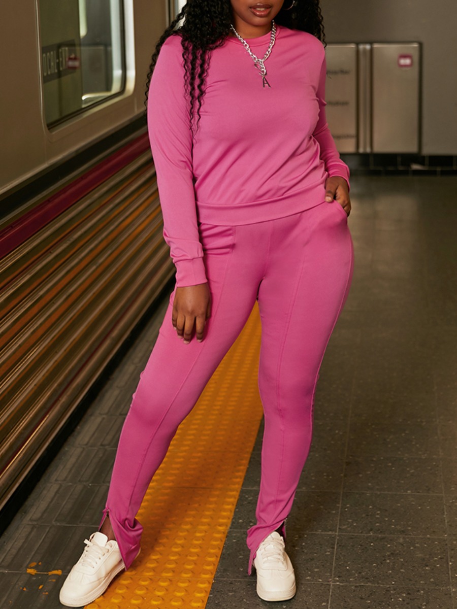 

lovely Sportswear O Neck Basic Skinny Pink Two Piece Pants Set