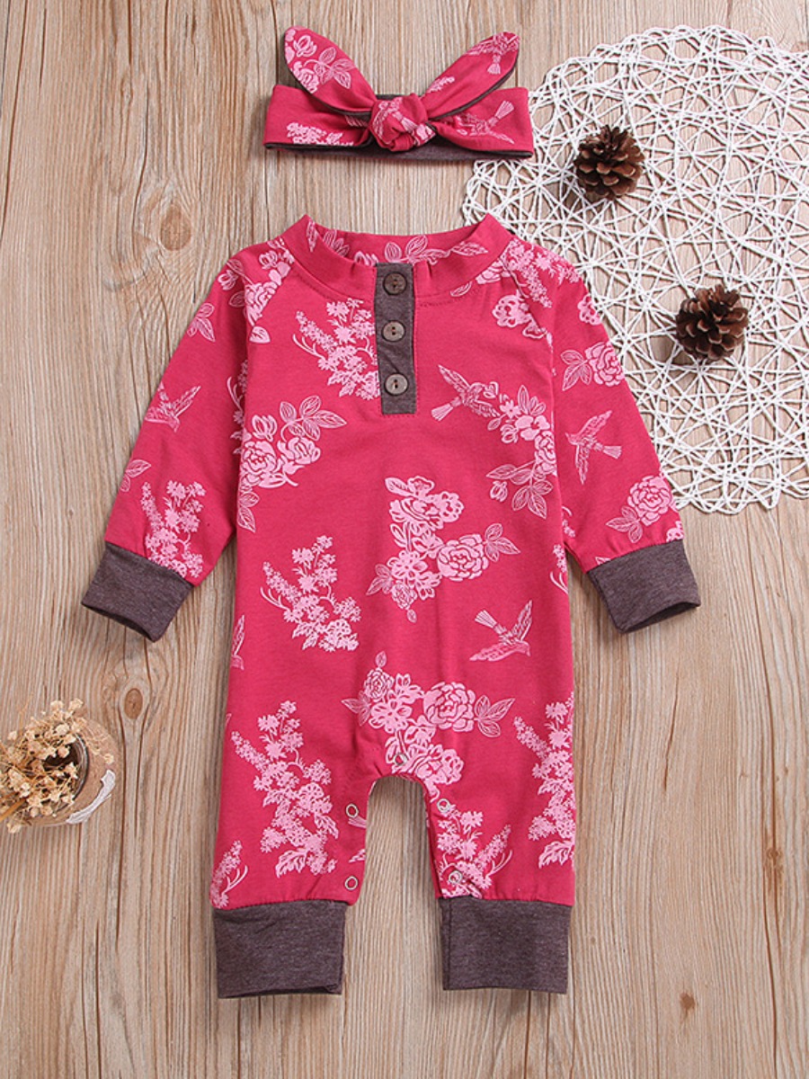 

lovely Stylish O Neck Print Rose Red Girl One-piece Jumpsuit