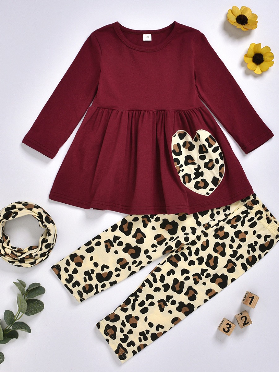 

lovely Casual O Neck Fold Design Print Brick Red Girl Two-piece Pants Set