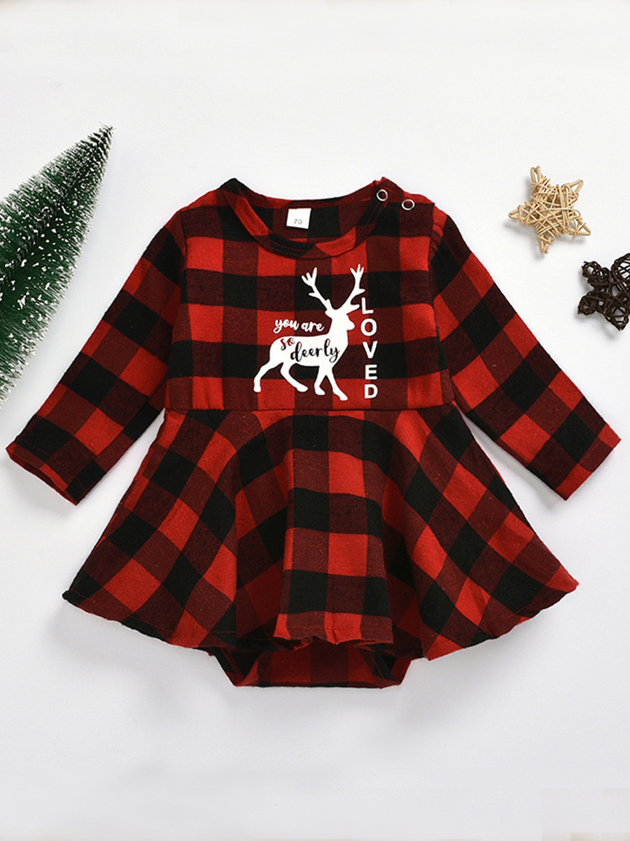 

lovely Sweet O Neck Grid Print Red And Black Girl One-piece Romper, Red and black check