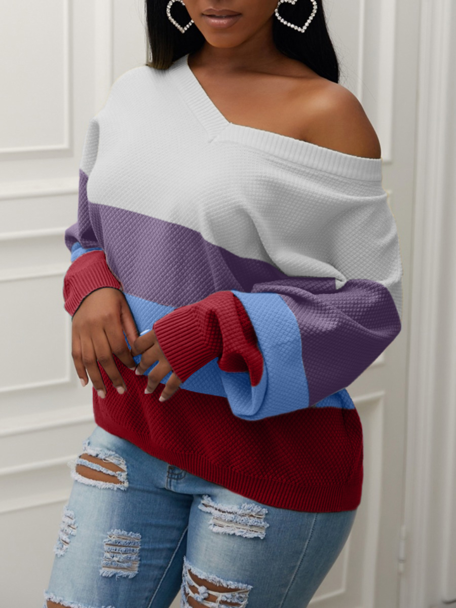 

Lovely Street V Neck Rainbow Striped Purple Sweater