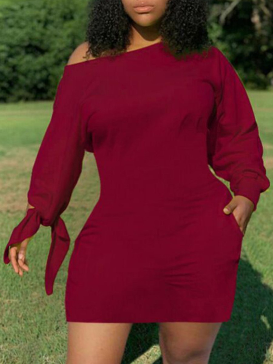 

Lovely Casual Lace-up Red Mini Plus Size Dress
