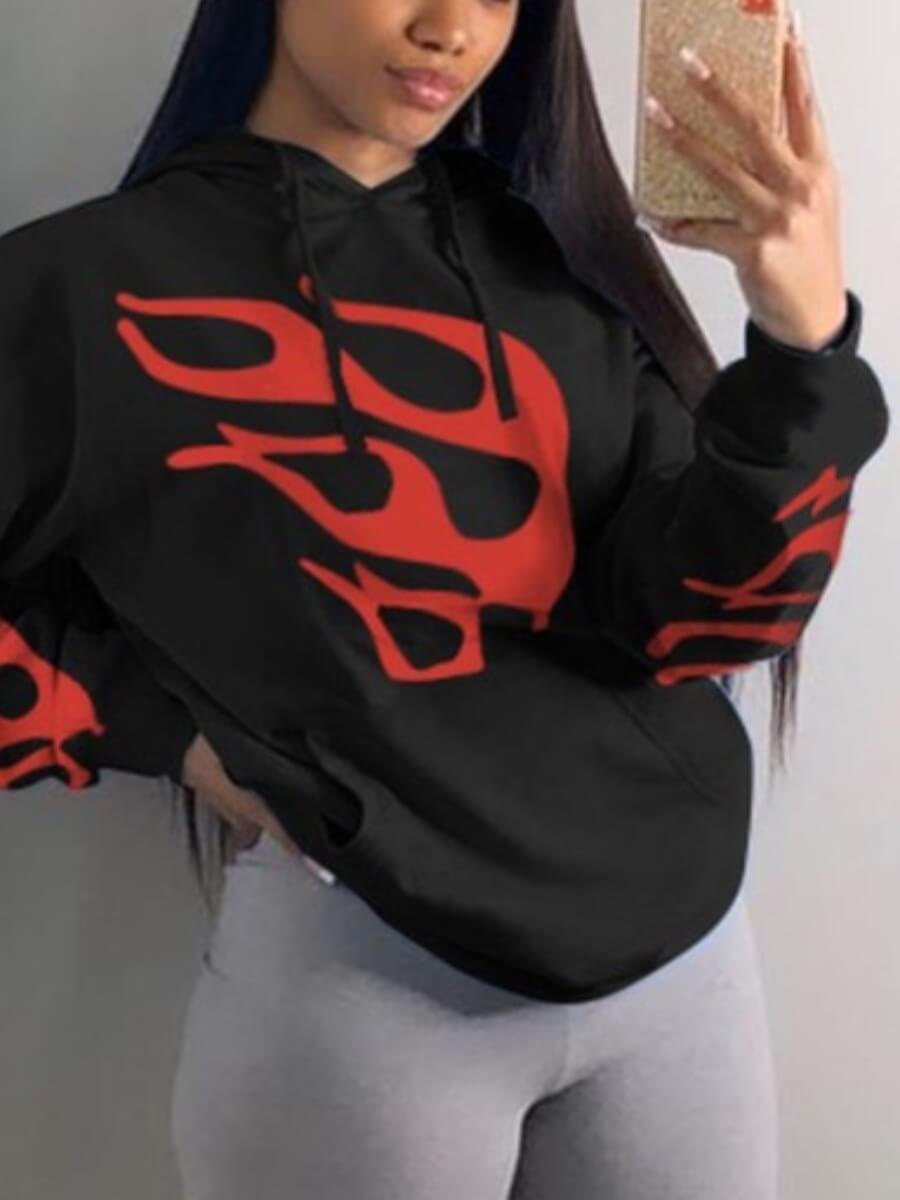 

Lovely Leisure Hooded Collar Print Black Hoodie
