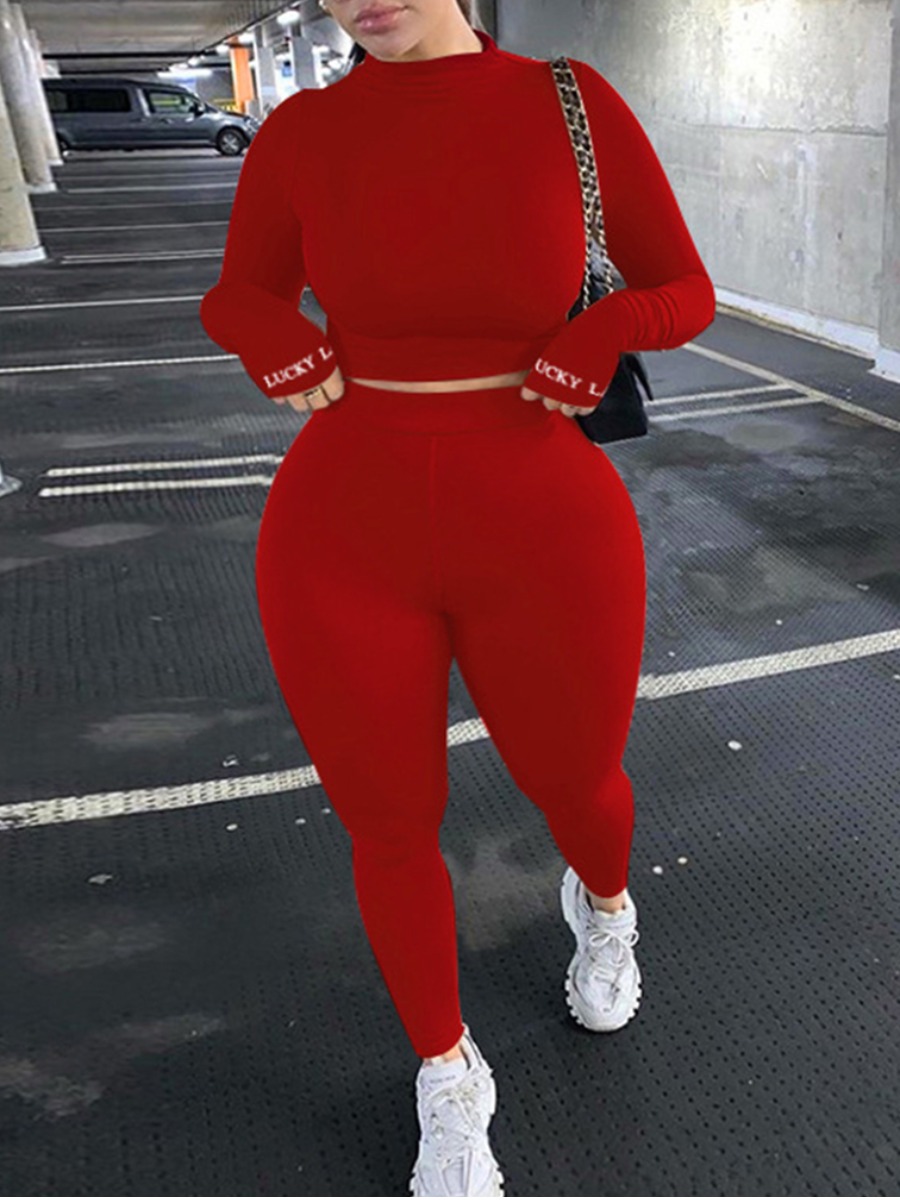 

lovely Casual Letter Skinny Wine Red Plus Size Two-piece Pants Set
