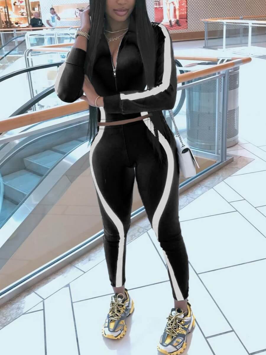 

Lovely Sportswear Patchwork Zipper Design Black Two Piece Pants Set