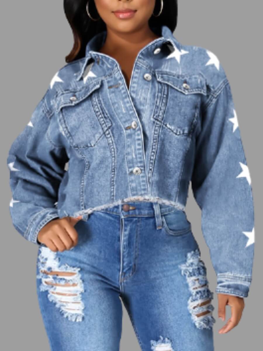 

Lovely Street Turndown Collar Pentagram Print Blue Denim Jacket