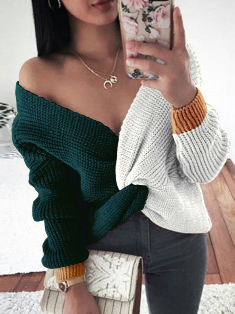 

Lovely Stylish V Neck Patchwork Green Plus Size Sweater