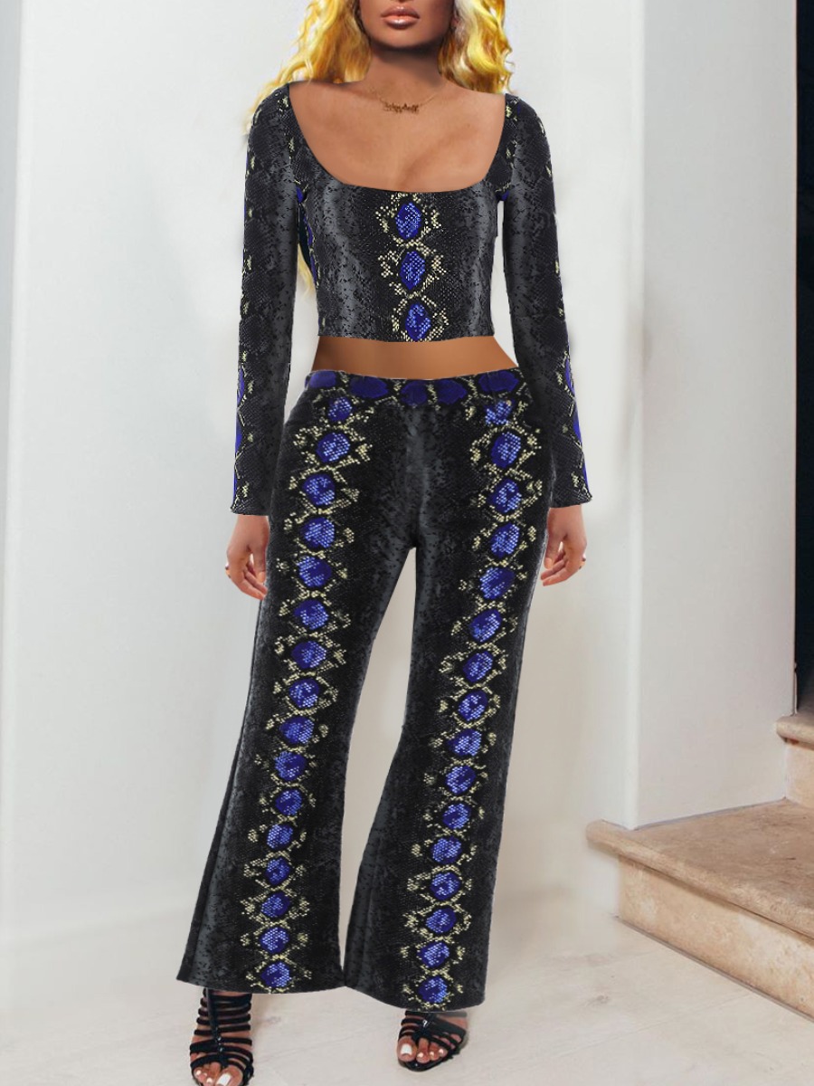 

Lovely Stylish Square Collar Print Black Two Piece Pants Set