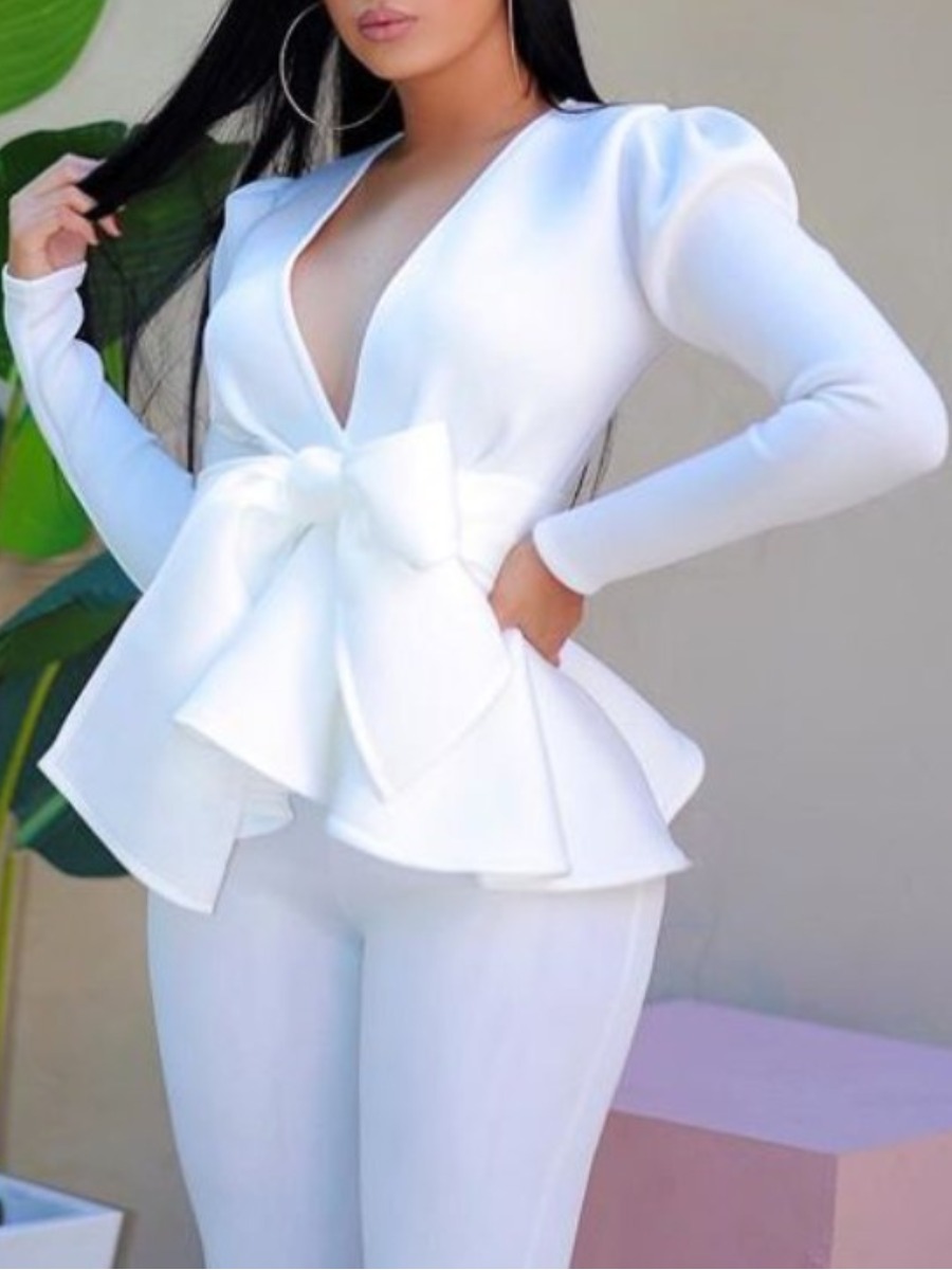 

lovely Stylish Deep V Neck Flounce Design White Jacket