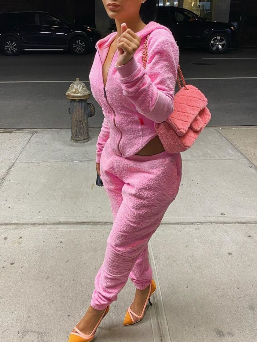 

Lovely Casual Hooded Collar Zipper Design Asymmetrical Pink Two Piece Pants Set