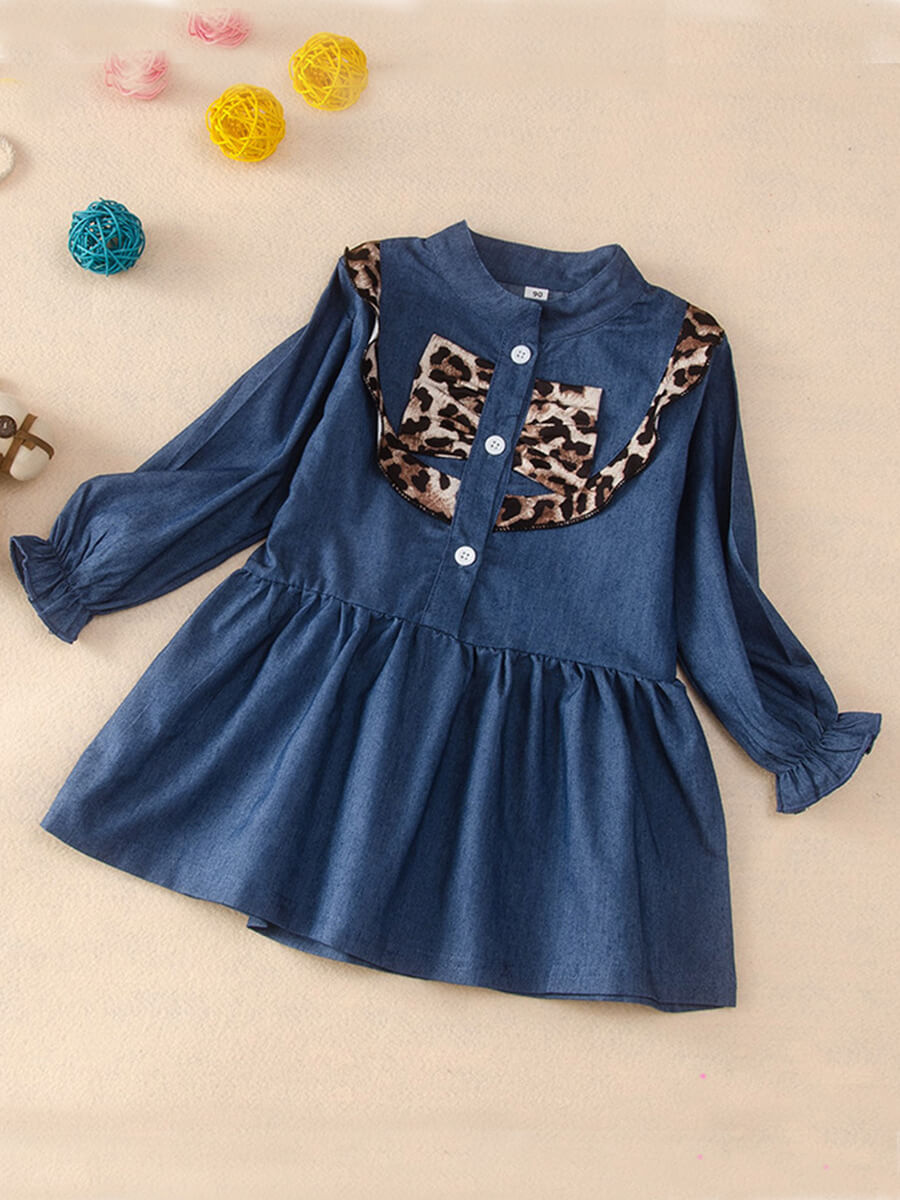 

Lovely Trendy O Neck Print Patchwork Dark Blue Knee Length Dress