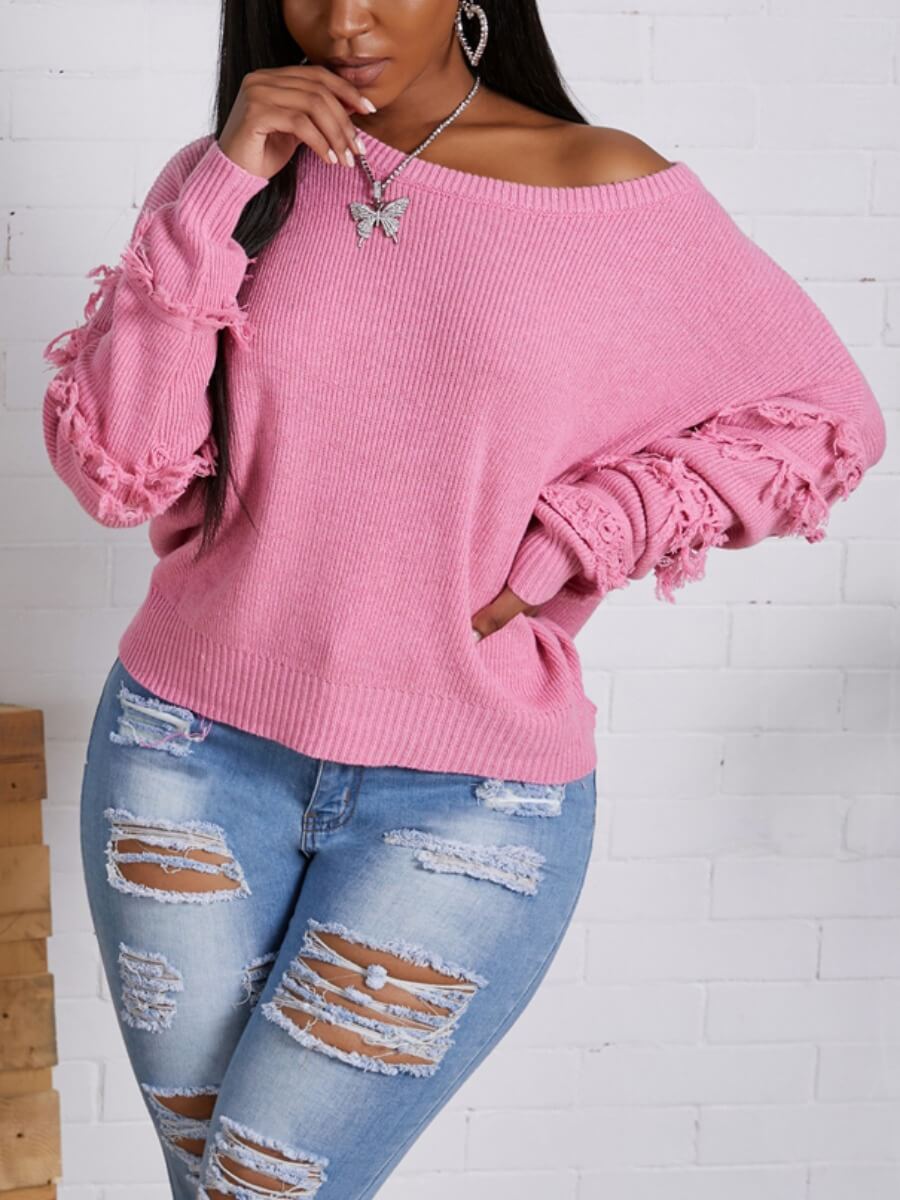 

Lovely Casual O Neck Tassel Design Pink Sweater