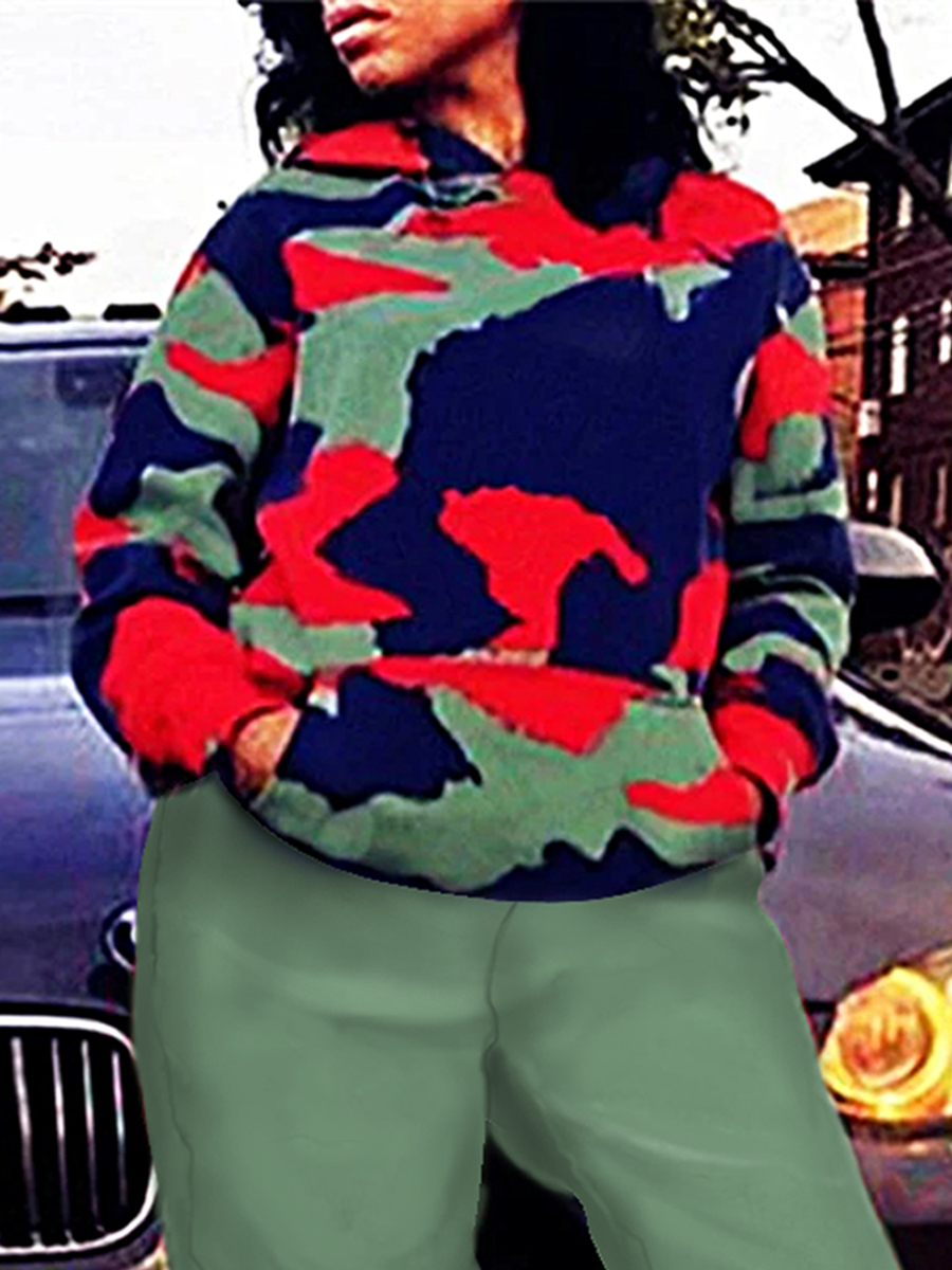 

lovely Street Hooded Collar Camo Print Red Hoodie, Red camouflage