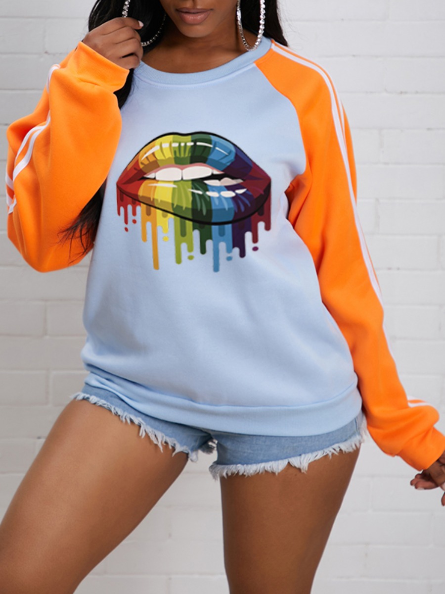 

lovely Leisure O Neck Lip Print Patchwork Grey Hoodie