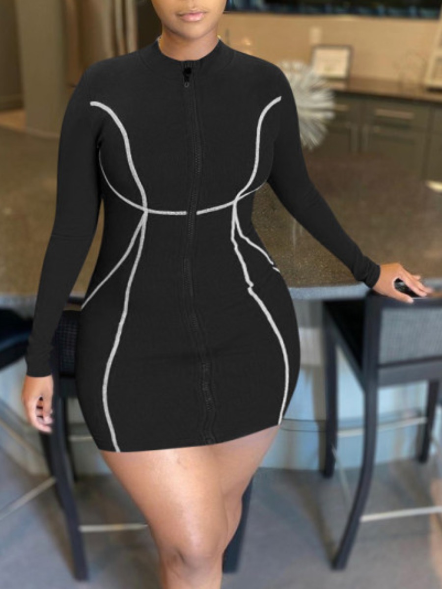 

lovely Sportswear O Neck Patchwork Black Mini Plus Size Dress