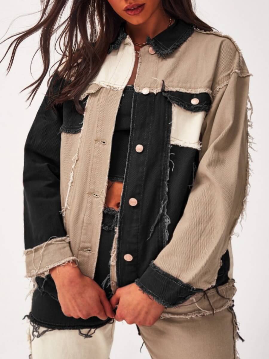 

Lovely Street Turndown Collar Patchwork Black Denim Jacket