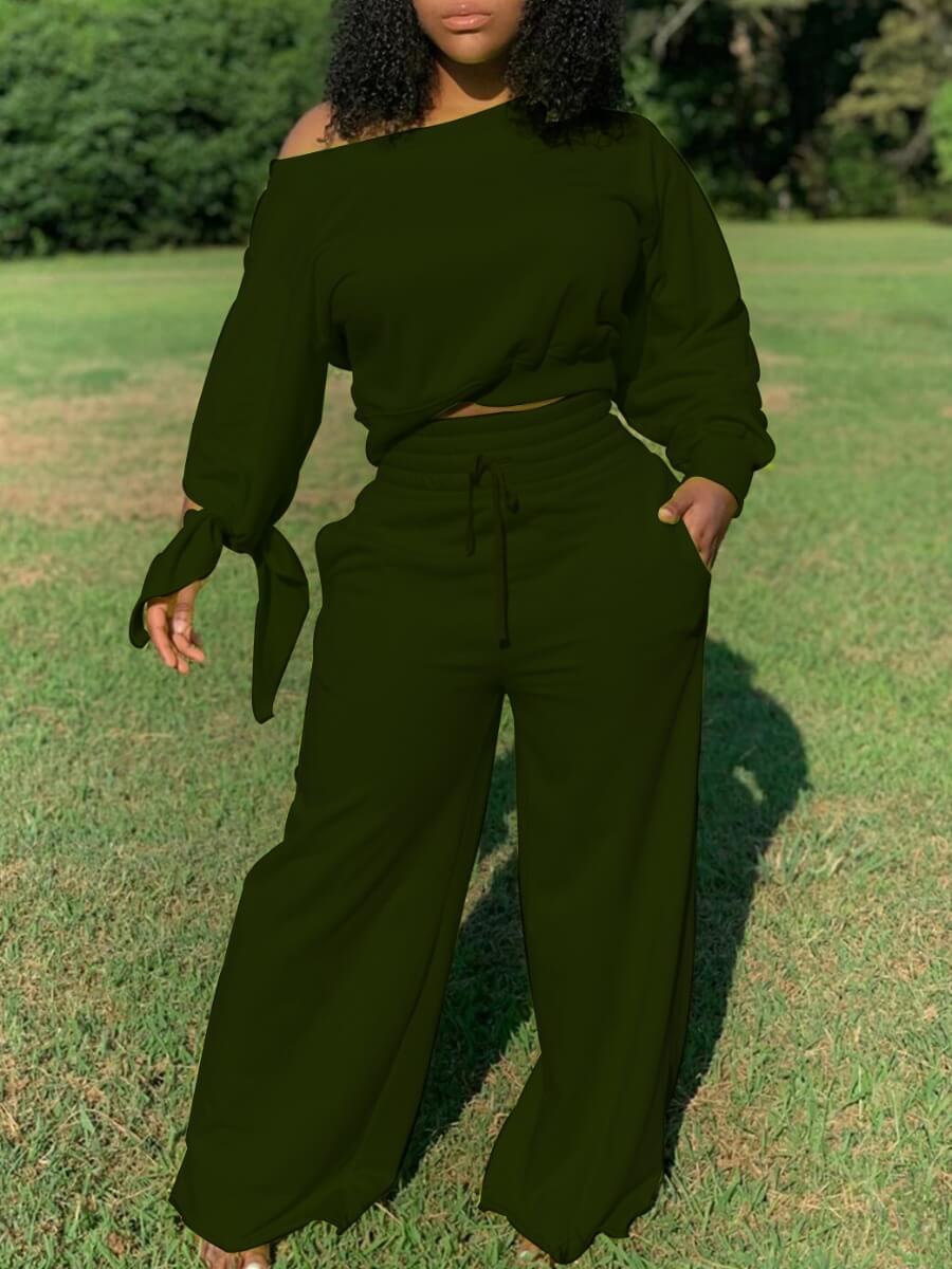 

LW Casual Lace-up Loose Army Green Two Piece Pants Set