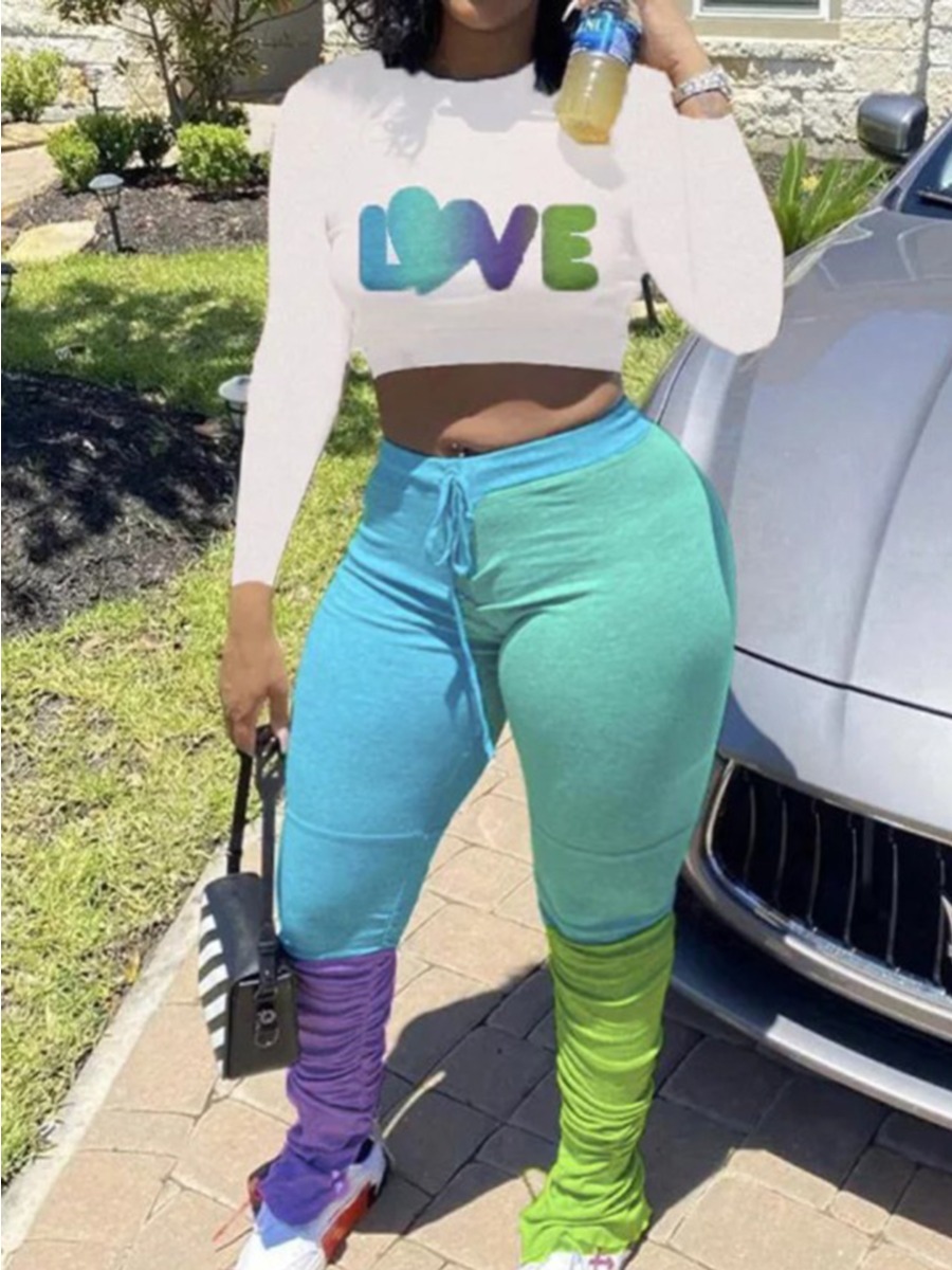 

lovely Casual O Neck Letter Print Fold Design White Plus Size Two-piece Pants Set