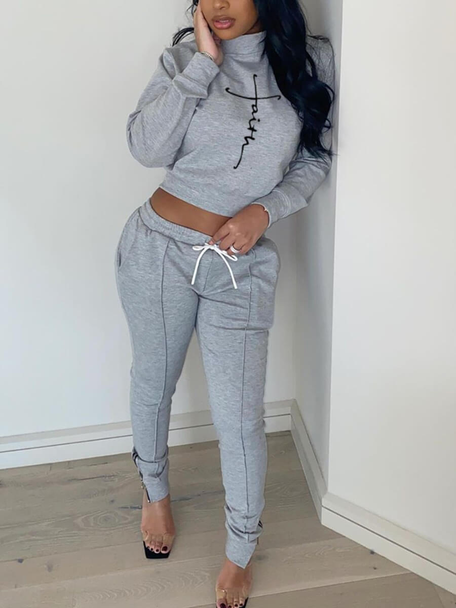 

Lovely Trendy Turtleneck Print Grey Two Piece Pants Set