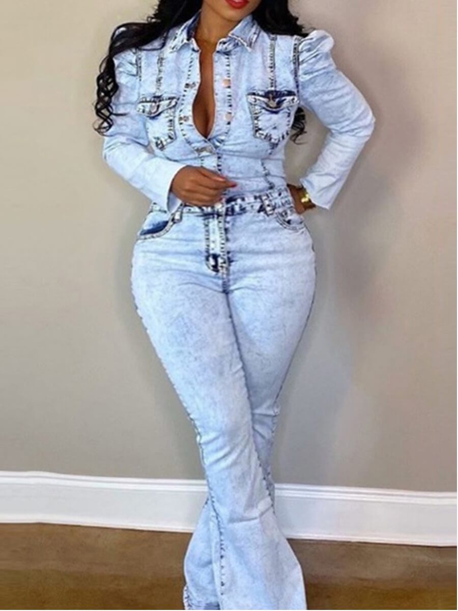 

LW Plus Size Stylish Turndown Collar Buttons Design Baby Blue Denim One-piece Jumpsuit