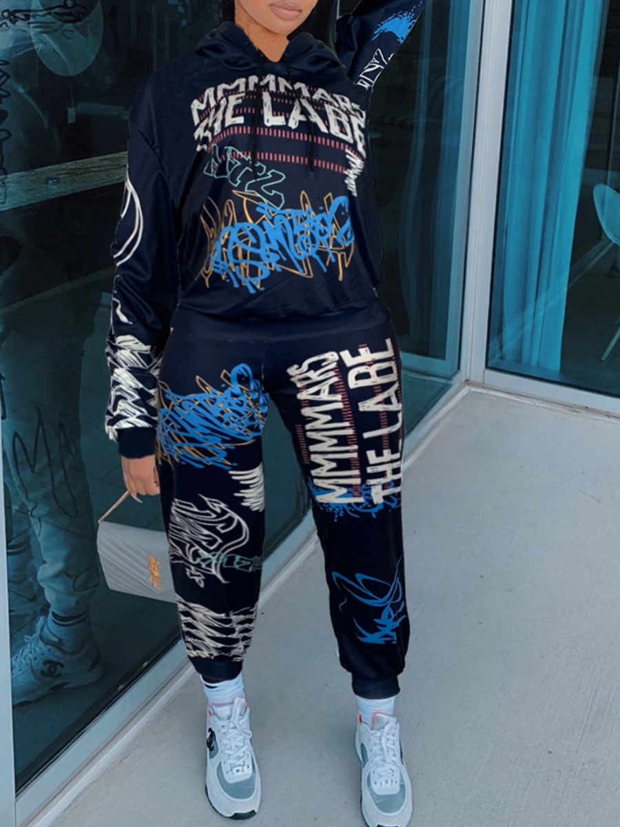 

Lovely Street Hooded Collar Letter Print Blue Plus Size Two-piece Pants Set