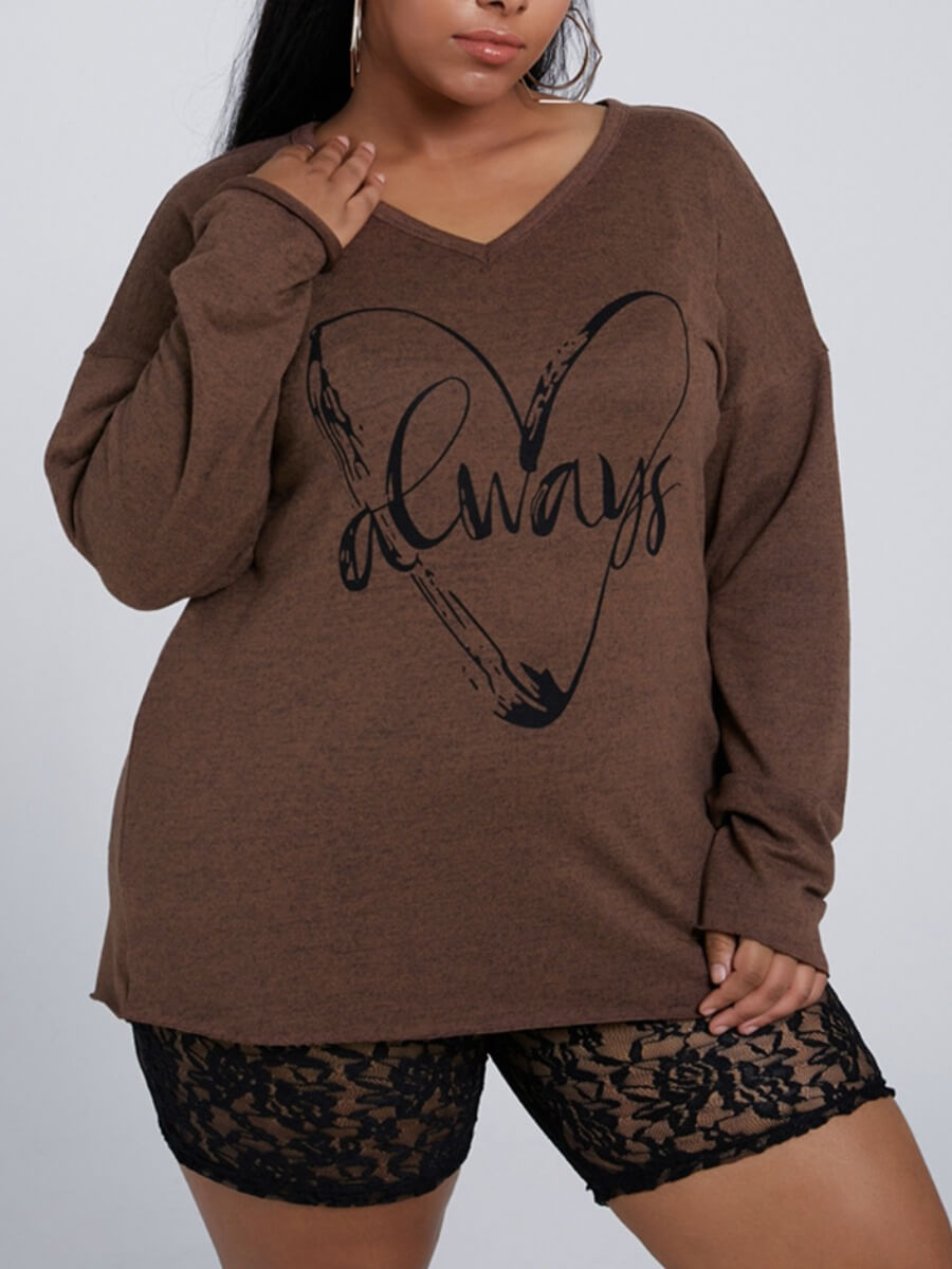 

Lovely Casual V Neck Print Coffee Plus Size Hoodie
